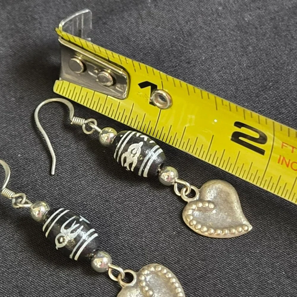 Boho Earrings Black & Silver Beaded Dzi Style with Gold Heart Dangle Accents - Picture 5 of 6